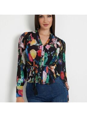 NWT Guess Lisette Printed Long-Sleeve Tie-Front Top M